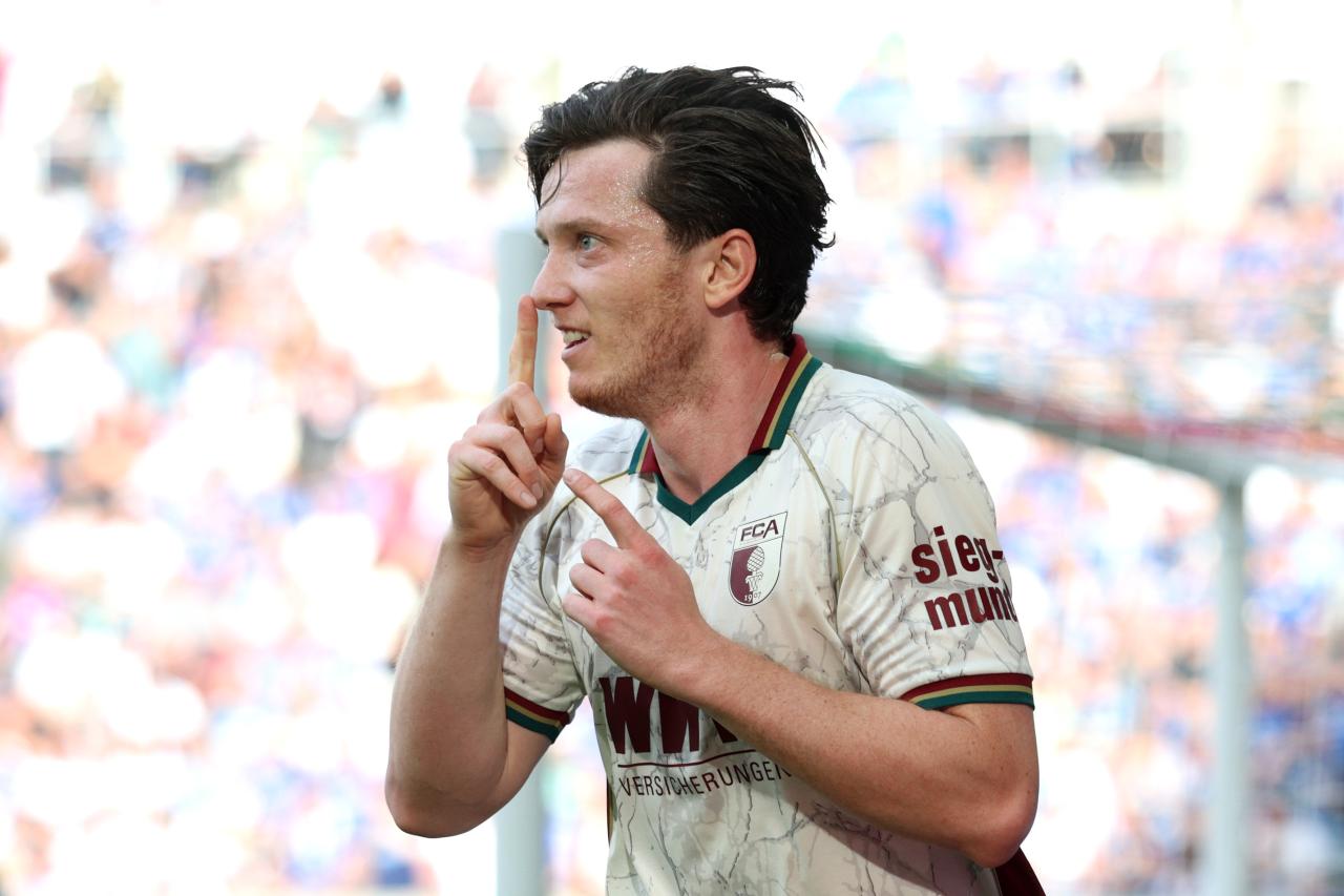 Michael Gregoritsch reacts after becoming Augsburg’s Bundesliga record scorer