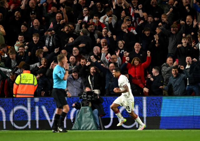 Vinicius Souza celebrates his goal against Bristol City in the Championship playoffs, 8. May 2025.