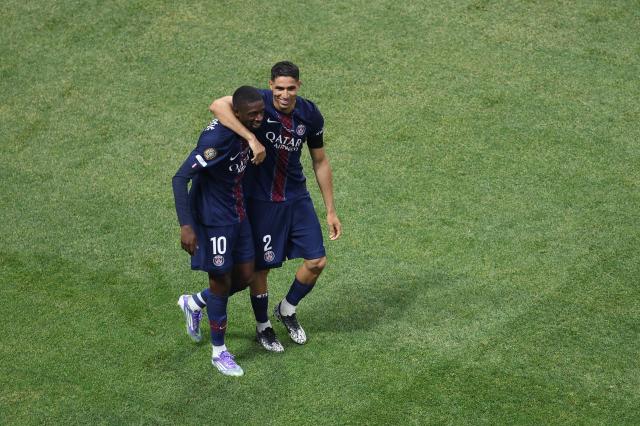 Achraf Hakimi and Ousmane Dembélé after the latter's second goal against FC Bayern, 5. July 2025.