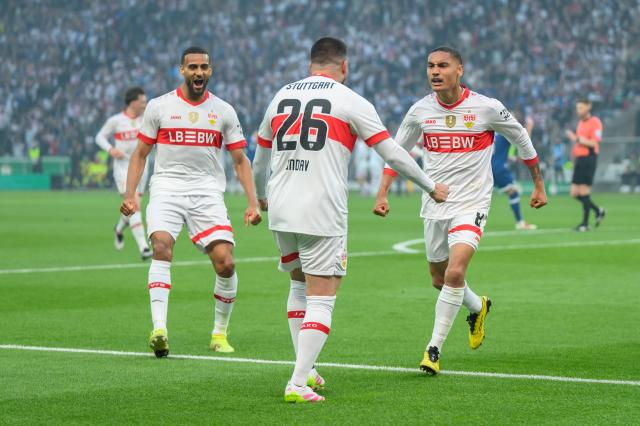 Enzo Millot of VfB Stuttgart celebrates against Arminia Bielefeld.
