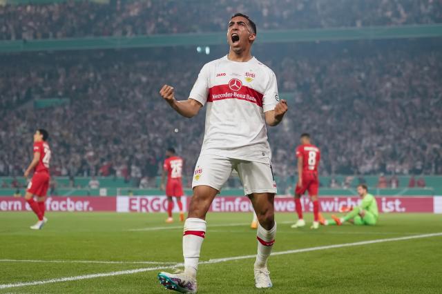 Tiago Tomás celebrates his opening goal in the 2023 DFB-Pokal semifinal against Eintracht Frankfurt, 3. May 2023.