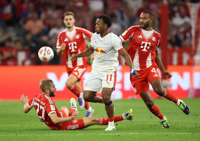 Lois Openda in action for RB Leipzig against Bayern Munich.