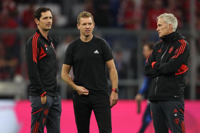 Dino Toppmöller and Julian Nagelsmann as coaches for Bayern Munich in 2023.