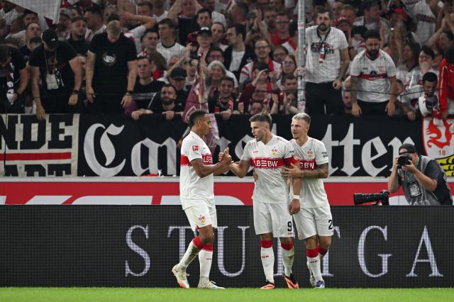 Stuttgart's player's celebrate Ermedin Demirovic's opener against St. Pauli.