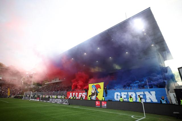 Heidenheim fans ahead of their Bundesliga play-off second leg against Elversberg.