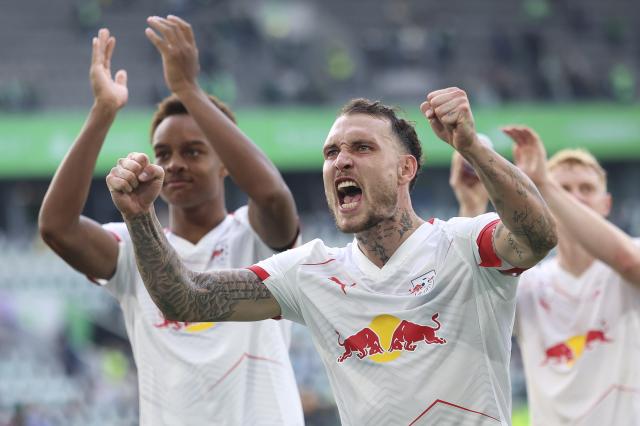 David Raum and Assan Ouédraogo celebrating for RB Leipzig.