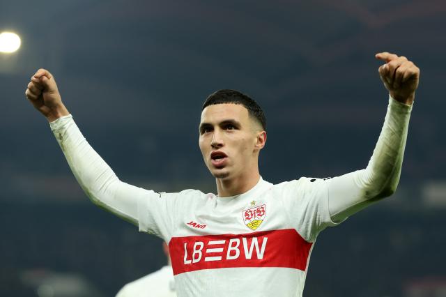 Bilal El Khannouss celebrates his late goal for Stuttgart against Feyenoord. Bilal El Khannouss celebrates his late goal for Stuttgart against Feyenoord.