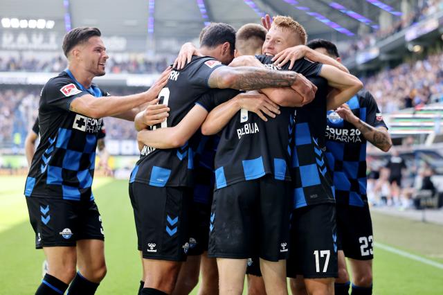 Filip Bilbija of Paderborn celebrates the second goal with his team mates during the 2. Bundesliga match vs. Holstein Kiel