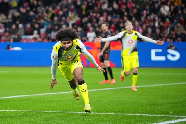 Karim Adeyemi after his goal for Dortmund against Leverkusen.