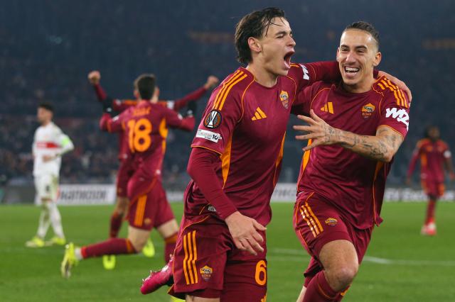 Niccolo Pisilli of Roma celebrates the opening goal against VfB Stuttgart.