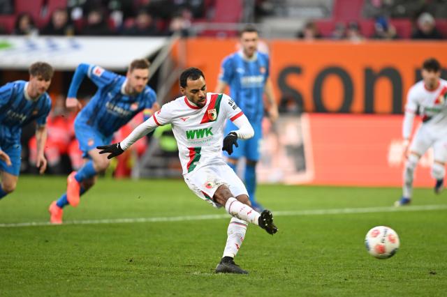 Alexis Claude-Maurice of Augsburg scoring a penalty vs. Heidenheim - 15 Feb 2026