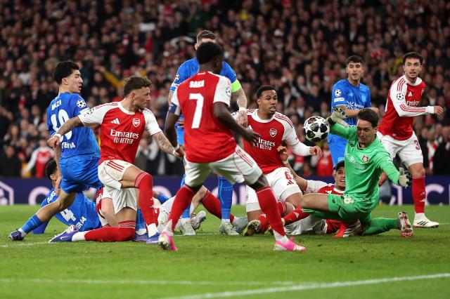 Blaswich saving a ball in the Champions League game against Arsenal London.