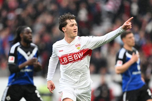 Angelo Stiller celebrates scoring Stuttgart’s first goal vs. HSV - 12 April 2026
