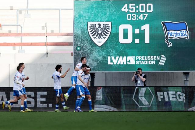 Hertha BSC forward Fabian Reese celebrates scoring the opening goal against SC Preußen Münster, 8. March 2026.