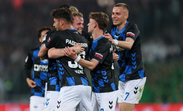 SC Paderborn 07 centre-back Felix Götze celebrates the opening goal against Hannover 96, 18. April 2026.