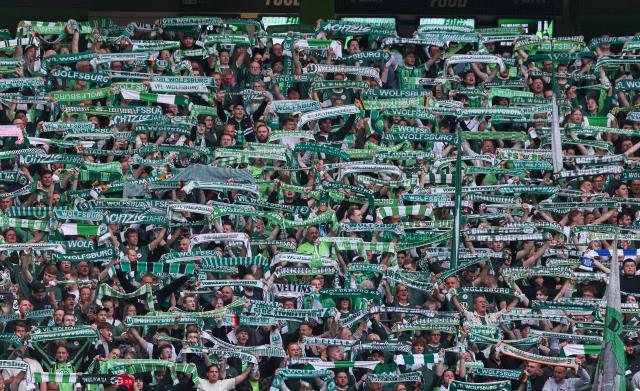 VfL Wolfsburg supporters ahead of their first leg playoff match with SC Paderborn 07, 21. May 2026.