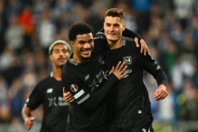 Patrik Schick celebrates his first goal vs. Lech Poznan 