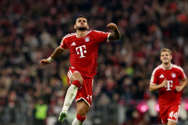 Luis Diaz celebrates scoring for Bayern Munich against RB Leipzig.