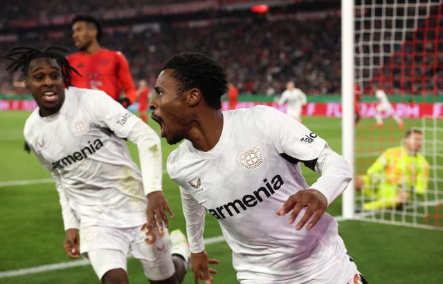 Nathan Tella celebrates scoring the winning goal against Bayern in Tuesday's cup tie. 