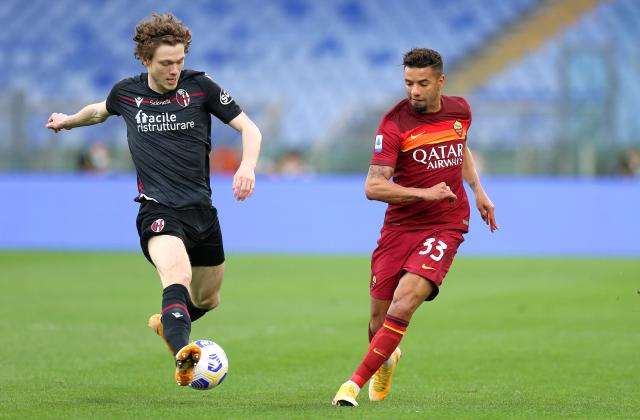 Danish international Andreas Skov Olsen (left) playing for Bologna in 2021. 