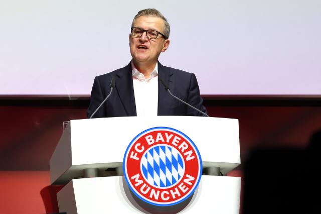 Jan-Christian Dreesen gives a speech at the annual general meeting of Bayern München