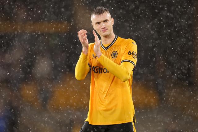 Sasa Kalajdzic applauds the Wolverhampton Wanderers fans following their match against Newcastle United.