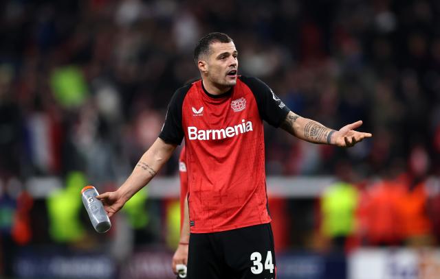 Granit Xhaka of Bayer Leverkusen reacts at full time during the Champions League Round of 16 second leg against Bayern München.