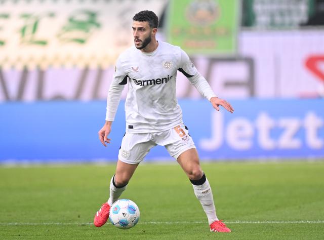 Mario Hermoso of Bayer Leverkusen in action against VfL Wolfsburg.