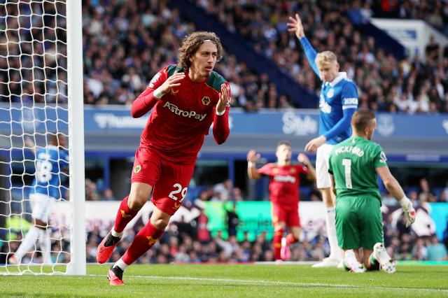 Fabio Silva of Wolverhampton Wanderers reacts after seeing a goal disallowed against Everton.